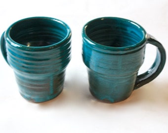 Ceramic, Stoneware  Mug /Stein Pair Hold One Pint Each Hand Thrown One of a Kind Turquoise Green