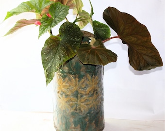 Wall Vase Planter in Stoneware with Lace Embossed  Leaves and Flowers