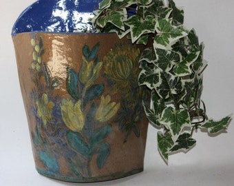 Wall Vase Planter in Stoneware and  Lace Embossed with Leaves and Flowers