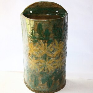 Wall Vase Planter in Stoneware with Lace Embossed Leaves and Flowers image 2