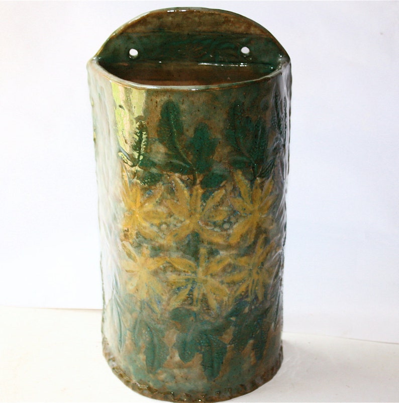 Wall Vase Planter in Stoneware with Lace Embossed Leaves and Flowers image 2