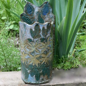Wall Vase Planter in Stoneware with Lace Embossed Leaves and Flowers image 5