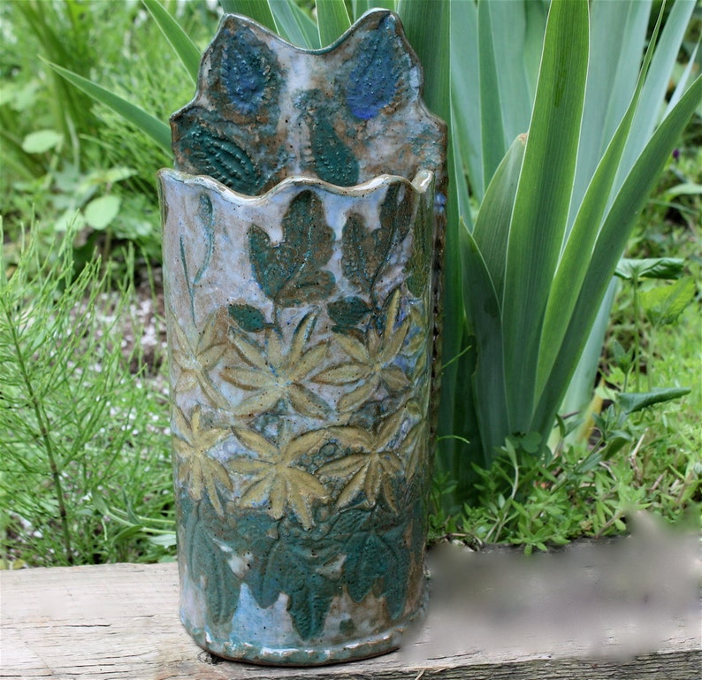 Wall Vase Planter in Stoneware with Lace Embossed Leaves and Flowers image 5