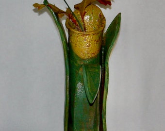 Tall Stoneware Vase Woodland Style Hand Built Sculptural  glazed Green and Deep Yellow Eleven Inches Tall One of a Kind