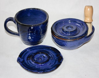 Bathroom Set with Shaving Mug,Soap Dish  and Cup with Handle  Stoneware With Bright Blue Glaze Vermont Made,  Brush is Included