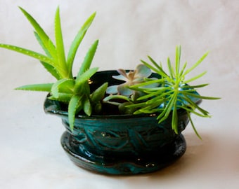 Deep Turquoise Green  Stoneware  Planter for Succulents, Herbs or Small houseplant with Built in drainage Handthrown One of a KInd