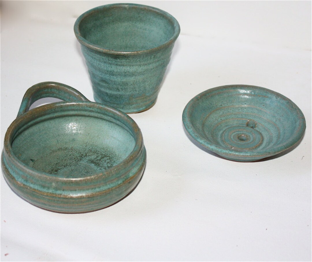 Mens Shaving Mug Soap Dish and and Tumbler Set in Aqua Glazed Stoneware With Shaving Brush Etsy