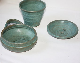 Mens  Shaving Mug  Soap Dish and and Tumbler Set in  Aqua Glazed Stoneware with Shaving Brush