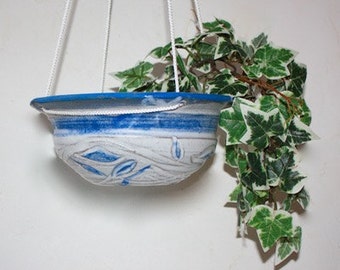 Ceramic  Hanging Planter Carved Glazed Stoneware 8" Diameter  Air Plant Platform or Succulent Planter Blue and White OAAK