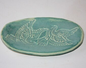 Stoneware Friendship Plate with Doves  serving plate or trinket dish Embossed with two lace Doves