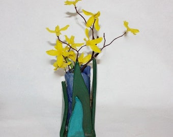 Miniature Art Pottery Vase Hand Built, Sculptural, Gloss Turquoise and Dark Green Glazed Stoneware One of a Kind