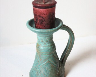 Aqua Stoneware Candlestick for Taper , Tea Light  or Votive Candle Carved Surface OOAK