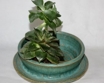 Miniatuur Turquoise (cerulean) Steengoed Plantenbak voor Vetplanten, kruiden of kleine kamerplanten met Ingebouwde drainage Handthrown