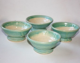 Aqua Footed  Dessert cups Hold about One  Half Cup Glossy Blue Green Glaze Set of Four