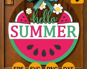 Welcom Round door hanger svg, Hello Summer Watermelon Sign SVG,Glowforge laser file, Cricut cut file, Summer sign svg,Digital download