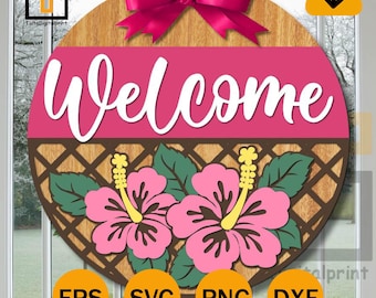 Welcome Pink Hibiscus Flower Sign,Round door hanger svg, Glowforge laser file,Cricut,Tropical Summer wall decor,Floral svg ,Digital download