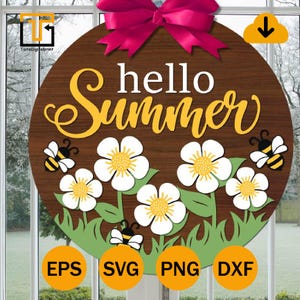 Hello Summer Bee Door Hanger SVG,Round door hanger svg,Glowforge laser file,Cricut, Daisy Spring decor,Floral door sign,Digital download