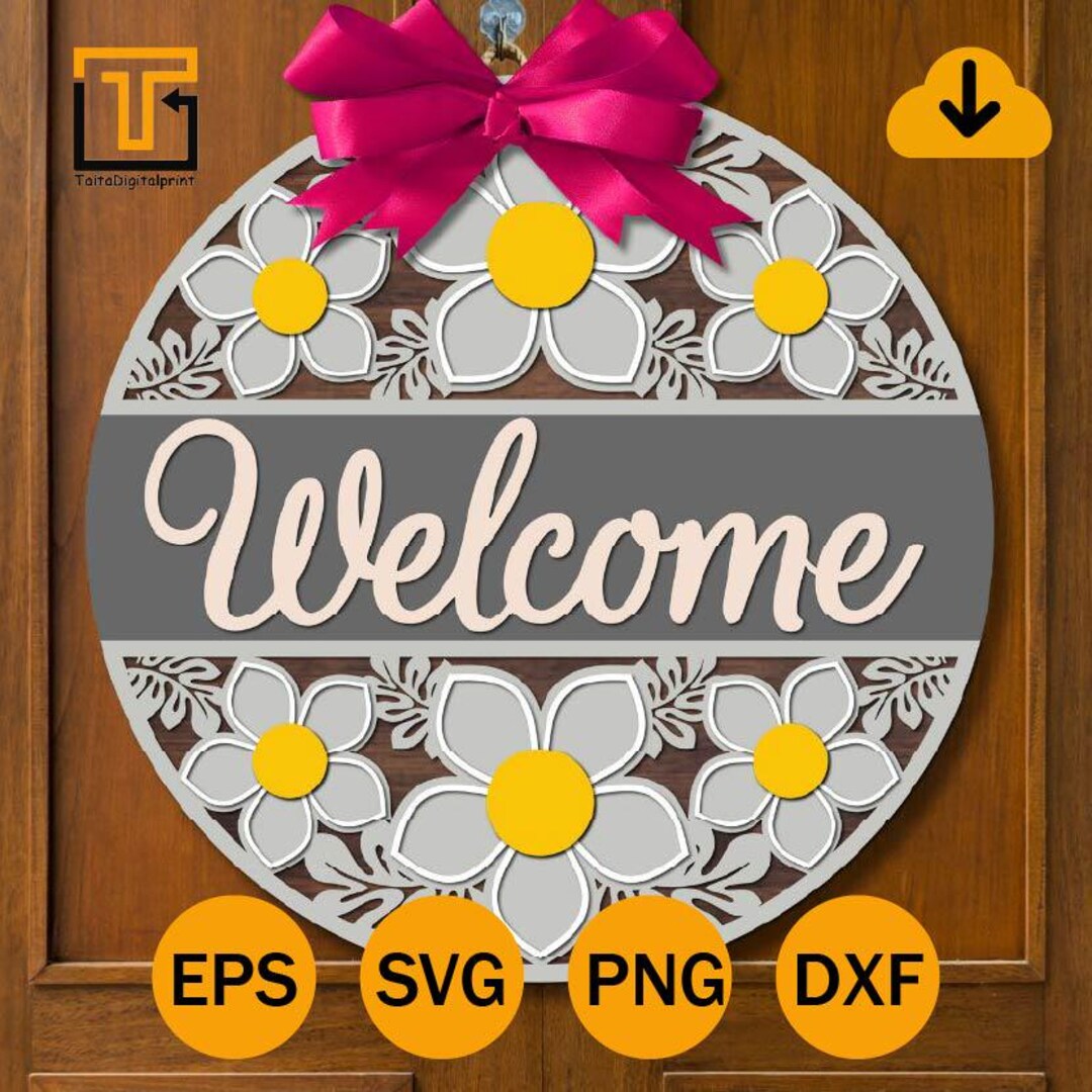 Welcome Flower Pattern Sign, Round Door Hanger Svg, Glowforge Laser ...