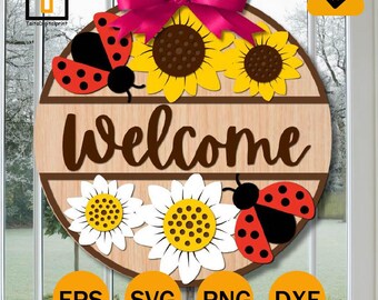 Sunflower Welcome Round Sign SVG, Summer Door Hanger SVG,Ladybug Welcome Sign, Glowforge and Cricut Ready File,Summer Layered download File