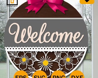 Welcome Flower Pattern Sign, Round door hanger svg, Glowforge laser file, Cricut, Spring decor, Summer, Floral door sign,Digital download