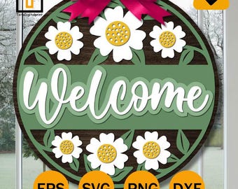 Daisy Welcome Sign SVG, Spring Door Hanger Laser File (Digital Download)