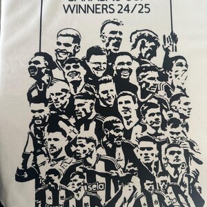 May include: Black and white silhouette image of a group of soccer players celebrating a victory. The image includes the text "Carabao Cup Winners 24/25".