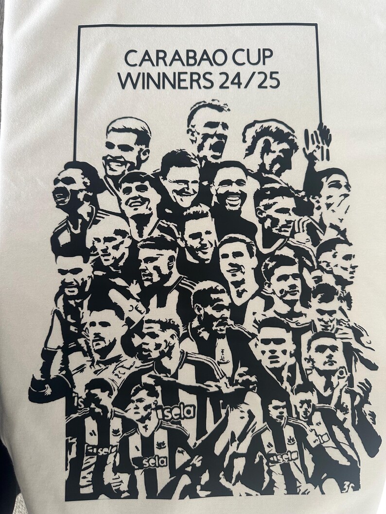 May include: Black and white silhouette image of a group of soccer players celebrating a victory. The image includes the text "Carabao Cup Winners 24/25".