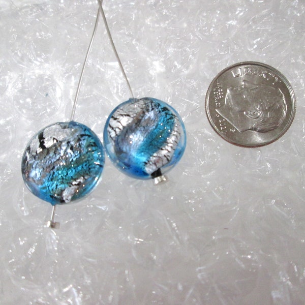 2 ~ Murano Art Glass Beads ~ 15 mm ~ Lentils ~  Lampwork Beads ~ Earring Beads ~ Black ~ Blue ~ Sterling Silver Foil ~ CRAZY SPARKLE !!