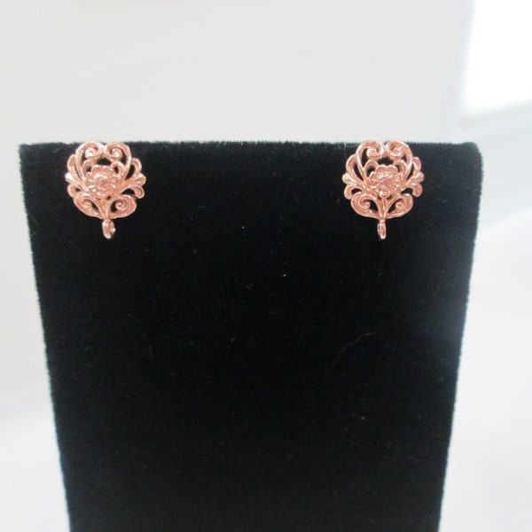 Rose Gold Earstuds ~ Ornate Earring Post ~ 18 Karat Rose Gold Over Sterling Silver ~ Detailed Floral Design ~ 12 MM ~ GORGEOUS FINDINGS !!