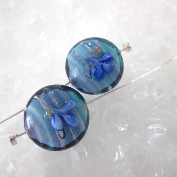 2 ~ Murano Lampwork Beads ~ 16 mm  Lentils ~  Lampwork Beads ~ Earring Beads ~ Blues ~ Purples ~ Raised Flowers ~ Dichroic Glass