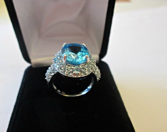SPECTACULAR !! Blue Topaz Ring ~ White Gold Gemstone Ring ~ Statement Ring ~10K White Gold Ring ~ Size 6 ~  Certificate Of Authenticity