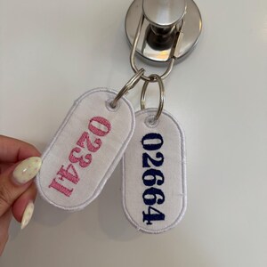 Custom Embroidered Bag Tag • Personalized Oval Luggage Charm, ZIP Code Keychain