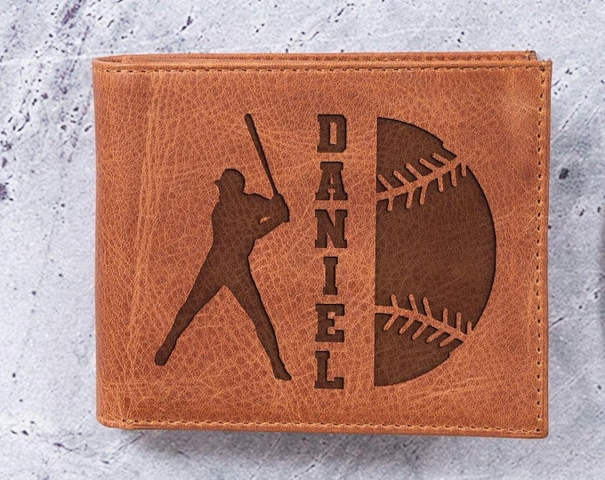 Personalized Leather Baseball Wallet: Engraved Gift for Dad Coach