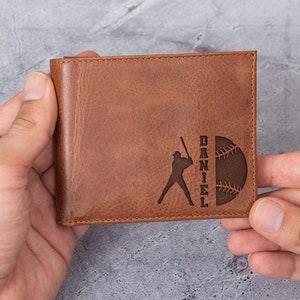 Billetera de béisbol personalizada, regalo para novio, billetera deportiva de cuero personalizada para jugador fanático del béisbol, regalo para hombres, papá, esposo, entrenador, hijo