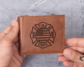 Engraved Leather Firefighter Wallet, Personalized Gift for Dad Husband Boyfriend Men Son, Bulk Christmas Wallet Gift for Fire Department