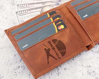 Cartera de cuero para el Día del Padre, regalo para un amante del béisbol, novio, cartera deportiva de cuero personalizada, regalo para un fanático del béisbol, papá, esposo, hermano, entrenador.