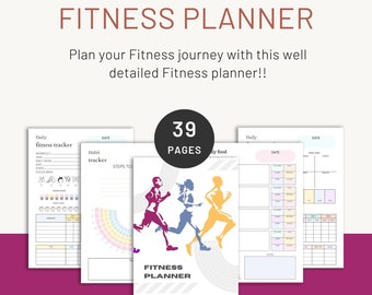 Può includere: Un planner per il fitness con 39 pagine. La copertina presenta tre corridori di diversi colori, con il testo "Fitness Planner" al centro. Il planner include tracker giornalieri di fitness, tracker di abitudini e pagine di pianificazione dei pasti.