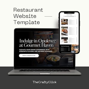 Può includere: Un computer portatile che mostra un modello di sito web di ristorante con il testo "Indulge in Opulence at Gourmet Haven" e un pulsante che dice "Book a Reservation". Il sito web presenta anche immagini di cibo e un menu.