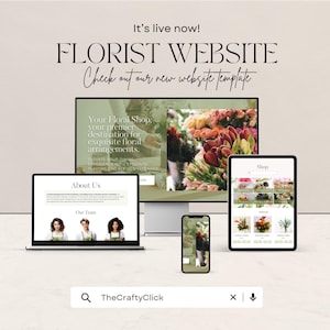 Op de afbeelding: Een mockup van een website voor een bloemist. De website wordt weergegeven op een desktopcomputer, tablet en smartphone. De website toont een verscheidenheid aan bloemstukken en een winkelgedeelte. De tekst op de website luidt "Your Floral Shop: your premier destination for exquisite floral arrangements."