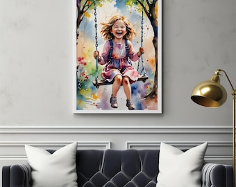 Happy Girl Child Printable Wall Art, Fun & Colorful Wall Art for Kids, Adorable Girl Room Decor Gift, Printable wall art, Digital wall art