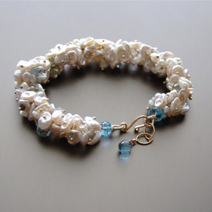 Pearl Bracelet, Keishi Pearl Bracelet, Freshwater Pearl Bracelet, Ivory Pearl Bracelet, Blue Topaz Bracelet, London Blue Topaz Bracelet image 1