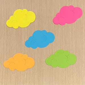 May include: Five paper clouds in different colors: yellow, blue, pink, orange, and green. The clouds are cut out and have a dotted line around the edges.