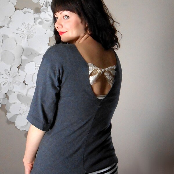 Handmade shirt vintage lace bow open back in heather grey medium CLARA BOW