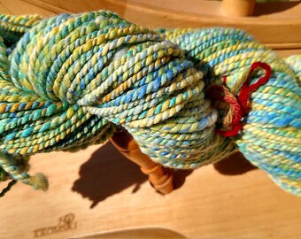 Bulky Handspun Yarn Merino Wool Sunshine in Blues and Yellows 128 yards 4.02 oz
