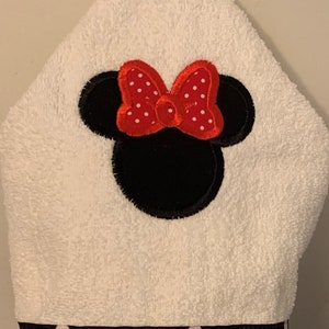 Minnie Applique Hooded Bath Towel Sizes NB-3 and 4/ personalized bath, pool, beach red or pink bow 3 ribbon choices image 2