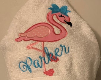 Flamingo Hooded Bath Towel - sizes NB-3 and 4+/ personalized - bath, pool, beach