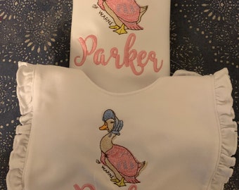 Jemima Puddle Duck/Beatrix Potter bib and burp cloth set - personalized