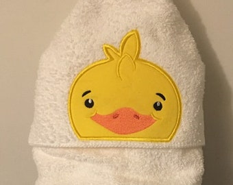 Rubber Ducky "Peek a Boo" Hooded Towel -face on hood, bottom on back - sizes  NB-3 and 4+ /bath, pool, beach -personalized.