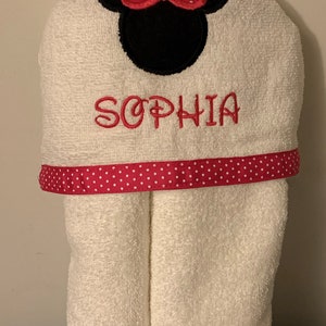 Minnie Applique Hooded Bath Towel Sizes NB-3 and 4/ personalized bath, pool, beach red or pink bow 3 ribbon choices image 6