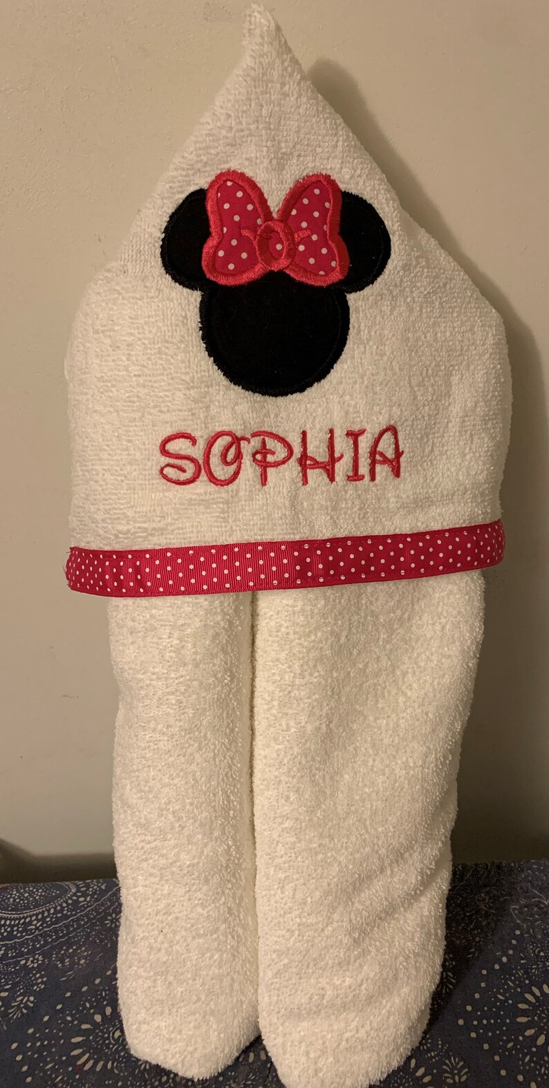 Minnie Applique Hooded Bath Towel Sizes NB-3 and 4/ personalized bath, pool, beach red or pink bow 3 ribbon choices image 6